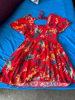 Girls' Red Tropical Print A-Line Dress